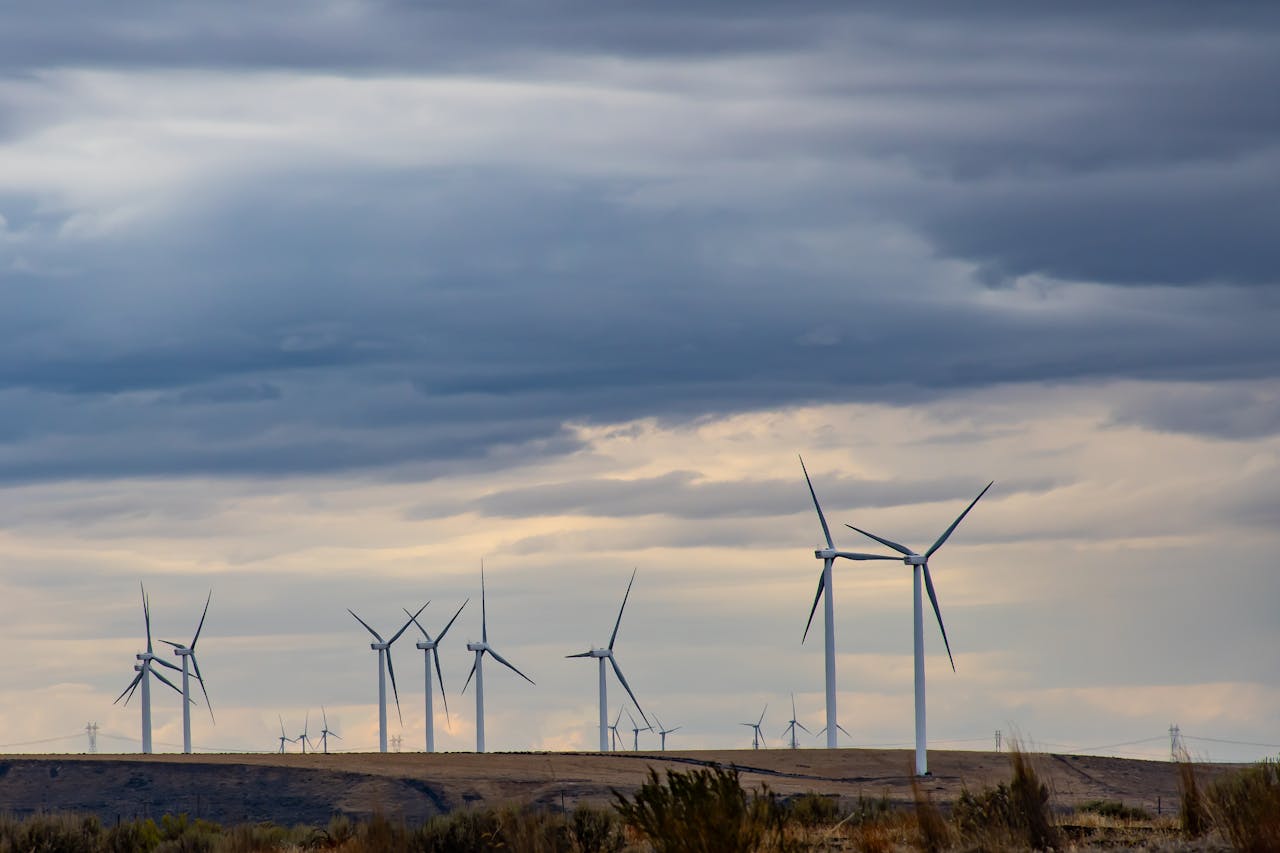 Scenic view of multiple wind turbines on a cloudy day, showcasing renewable energy in open landscape.